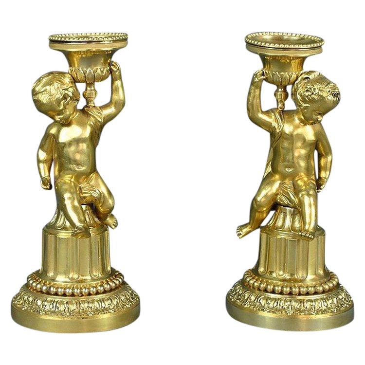 Pair of Gilded Bronze Candlesticks, Louis XVI - Mid-19th century