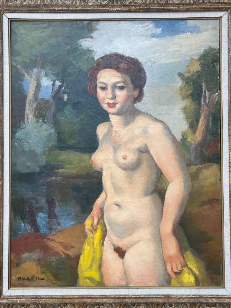 "Femme nue tenant un drapé jaune dans un paysage", Charles Kvapil (1884-1957)