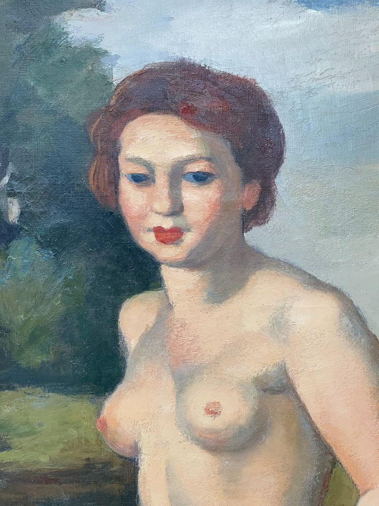 "Femme nue tenant un drapé jaune dans un paysage", Charles Kvapil (1884-1957)