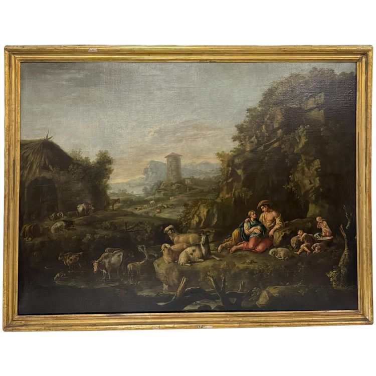Giuseppe Tassoni (1653 -1737) "Paysage avec troupeaux et famille de bergers",
