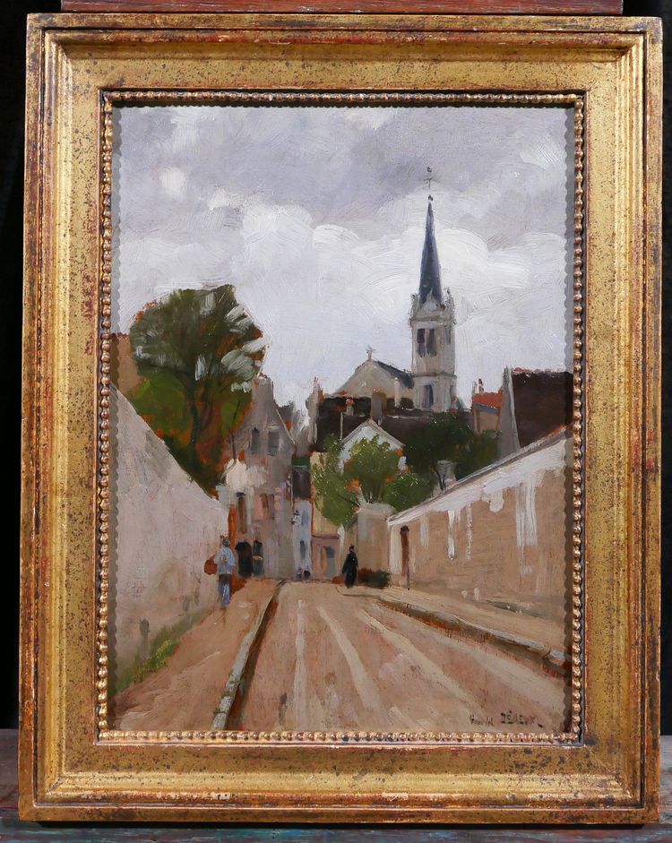 Gabriel Deneux 1856-1943 Paesaggio di una strada e di una chiesa, dipinto del 1900 circa Impressionismo