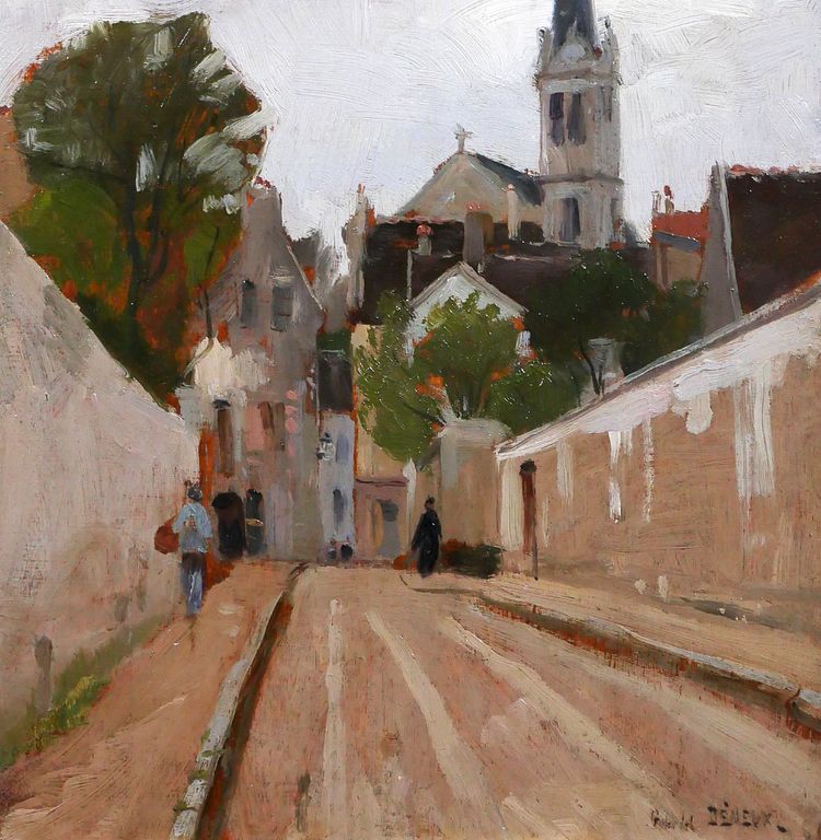 Gabriel Deneux 1856-1943 Paesaggio di una strada e di una chiesa, dipinto del 1900 circa Impressionismo
