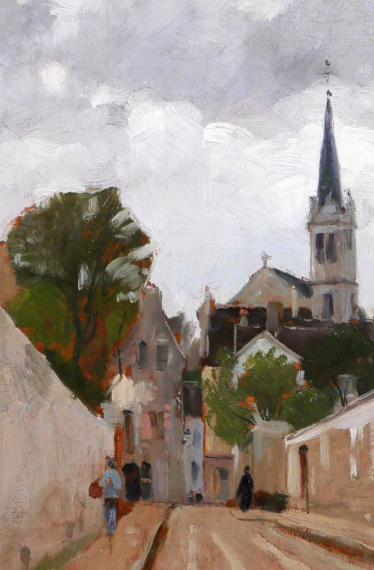 Gabriel Deneux 1856-1943 Paesaggio di una strada e di una chiesa, dipinto del 1900 circa Impressionismo