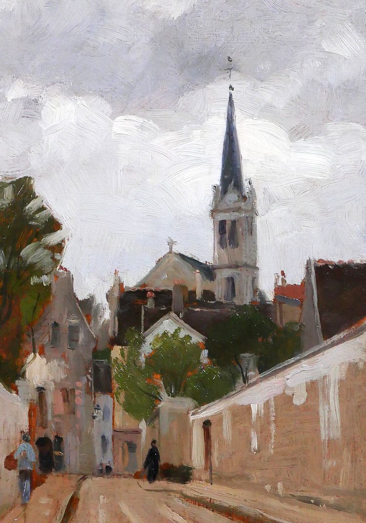 Gabriel Deneux 1856-1943 Paesaggio di una strada e di una chiesa, dipinto del 1900 circa Impressionismo