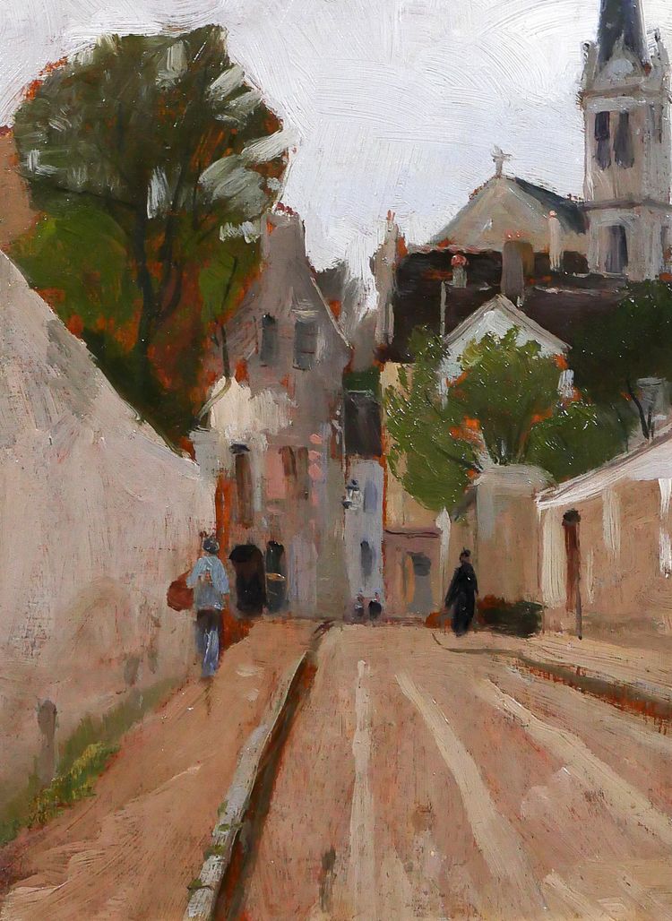 Gabriel Deneux 1856-1943 Paesaggio di una strada e di una chiesa, dipinto del 1900 circa Impressionismo