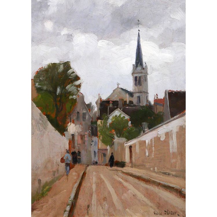 Gabriel Deneux 1856-1943 Paesaggio di una strada e di una chiesa, dipinto del 1900 circa Impressionismo