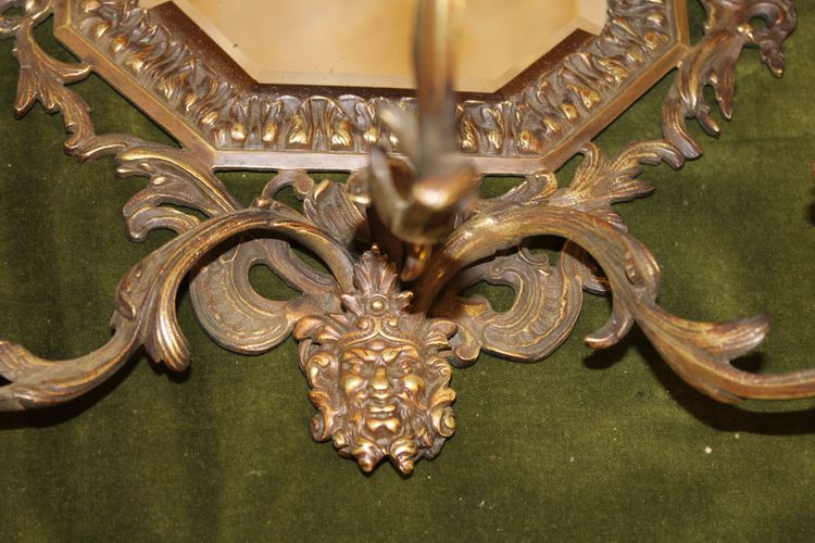 Pair of bronze wall lights with 3 light arms and mirror, Louis XV style, 19th century