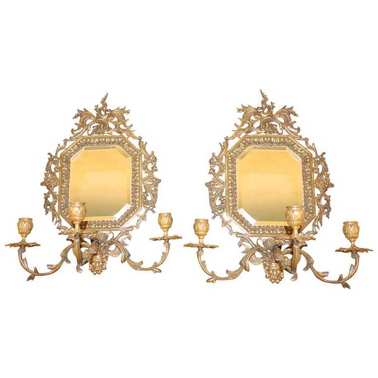Pair of bronze wall lights with 3 light arms and mirror, Louis XV style, 19th century