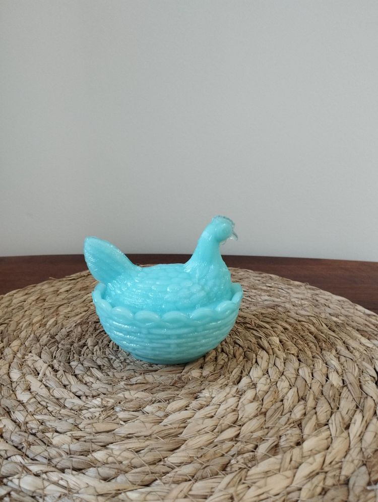 Portieux Crystal - candy box - sugar bowl in the shape of a hen in blue opaline