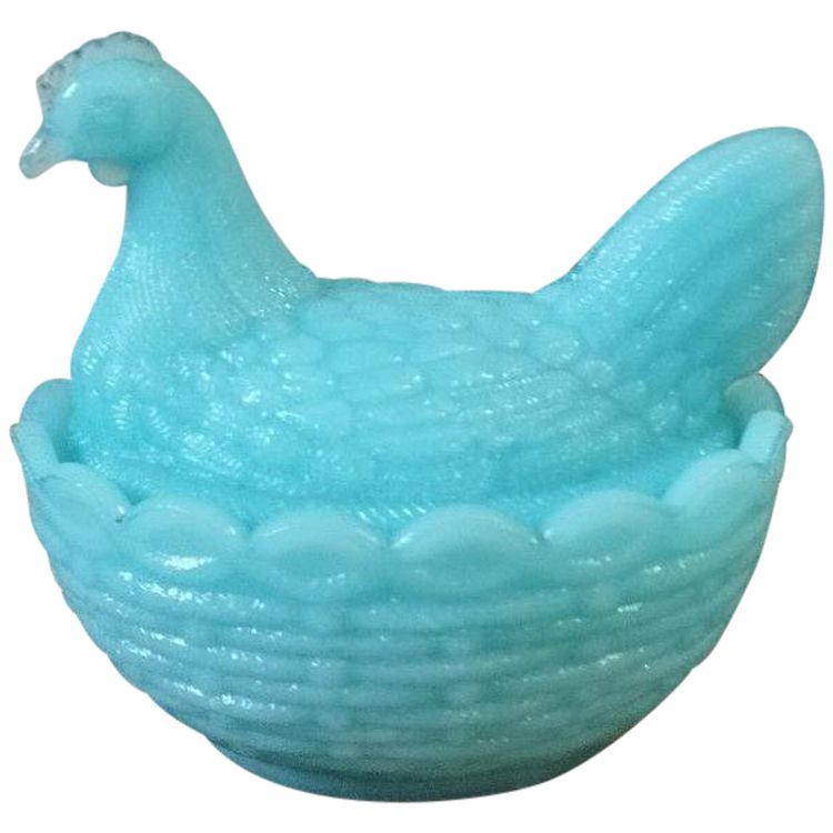 Portieux Crystal - candy box - sugar bowl in the shape of a hen in blue opaline