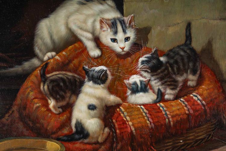 Michel Lensky Lenglard La Portée de Chatons huile sur bois XXeme siècle