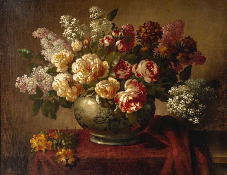 Un tableau de fleurs huile sur toile, fin XIXème siècle