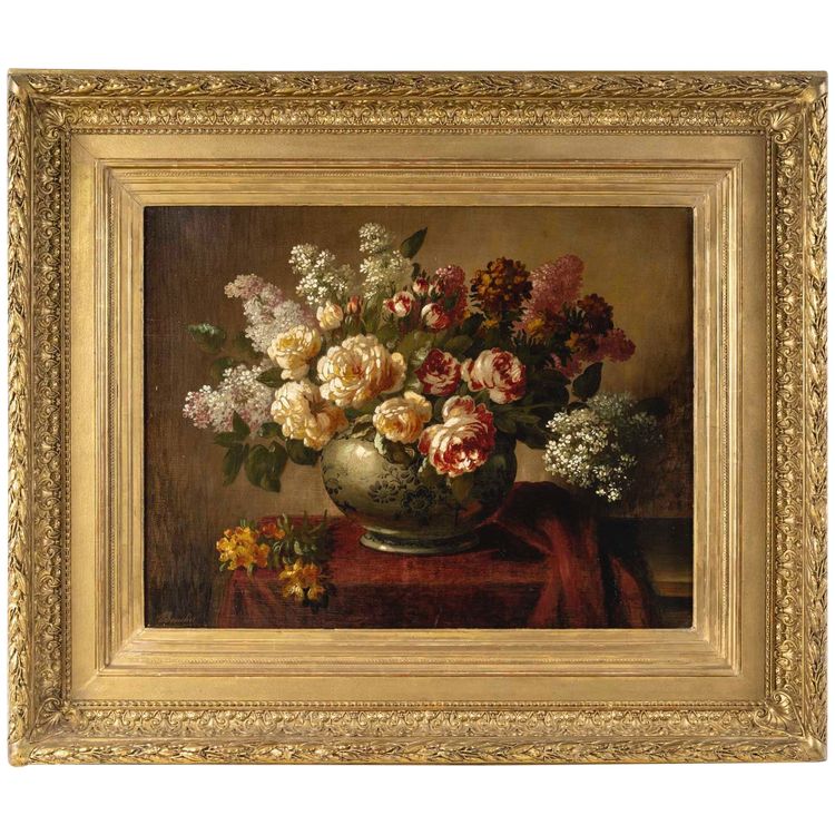 Un tableau de fleurs huile sur toile, fin XIXème siècle