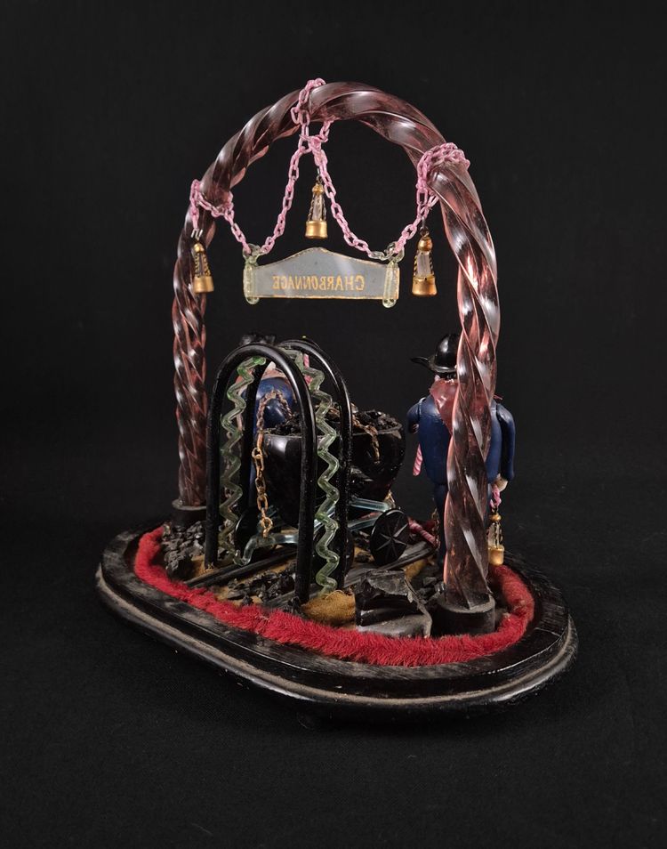 Diorama En Verre Les Mineurs Travail d'Art Populaire