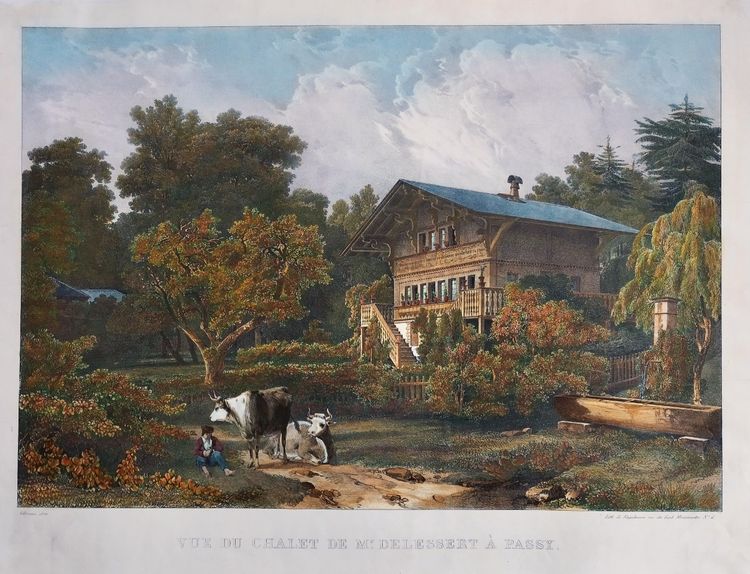 Engelmann Lithographie aquarellée Vue Du Chalet Delessert à Passy 1829