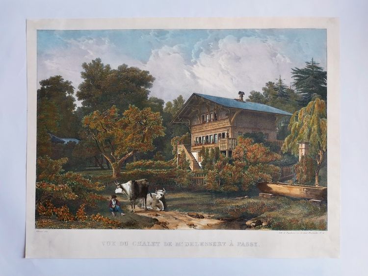 Engelmann Lithographie aquarellée Vue Du Chalet Delessert à Passy 1829