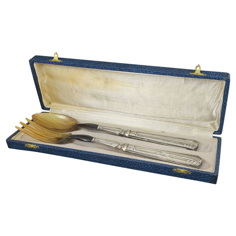 Art Deco Silver Salad Servers (Minerva Hallmark) / Horn