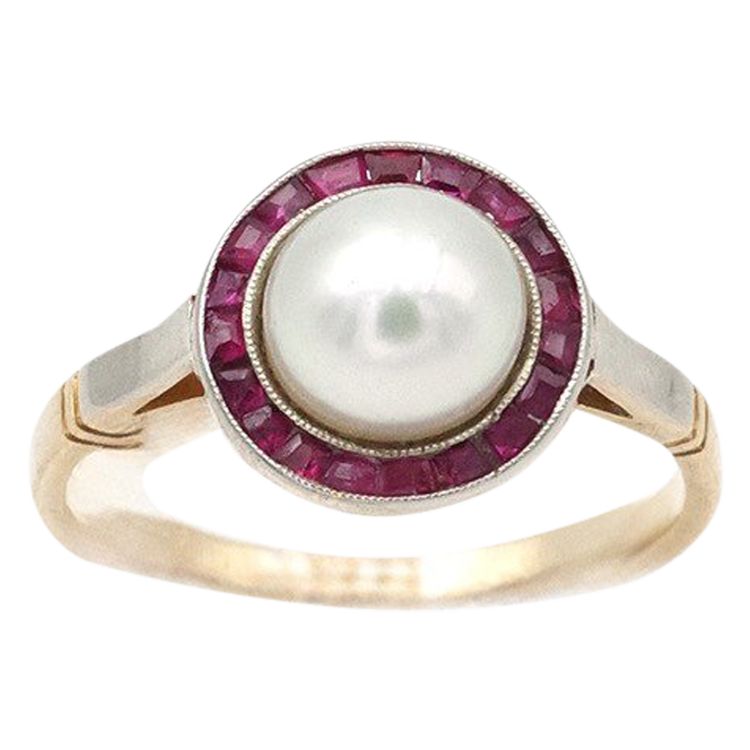 Anello Art Déco con perla e rubino con alone in oro 18 carati e platino, anello bersaglio, rubini sintetici calibrati