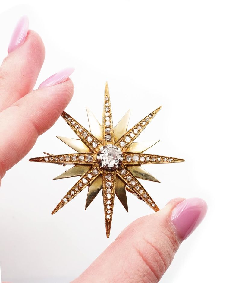 Grande spilla a forma di stella di Napoleone III in oro 18k, gioiello celeste, gioiello antico, diamanti taglio antico 
