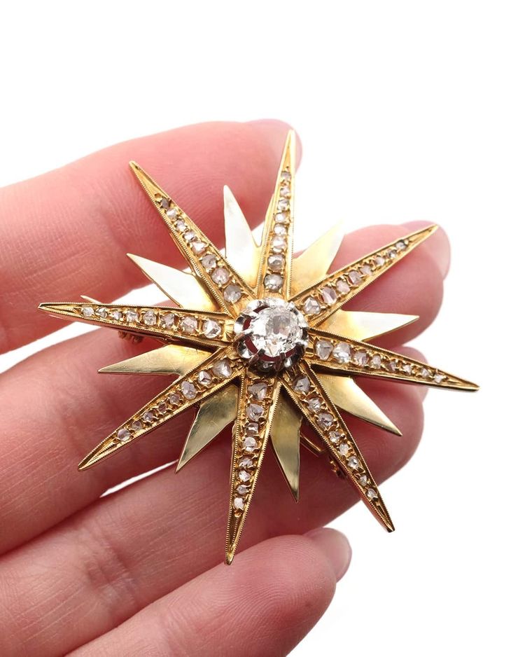 Grande spilla a forma di stella di Napoleone III in oro 18k, gioiello celeste, gioiello antico, diamanti taglio antico 