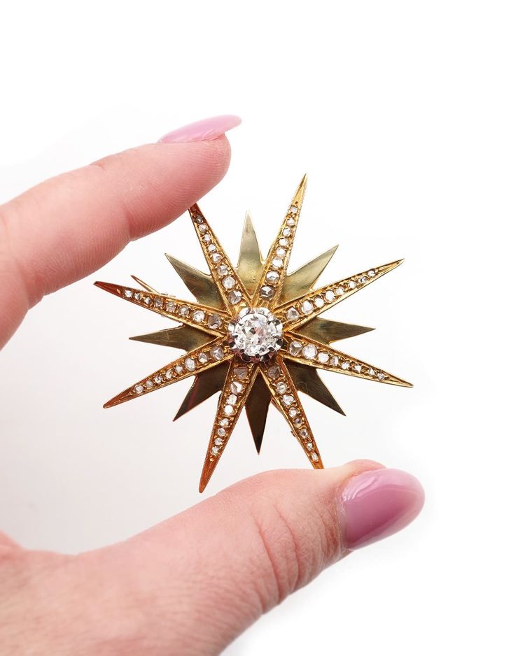 Grande spilla a forma di stella di Napoleone III in oro 18k, gioiello celeste, gioiello antico, diamanti taglio antico 