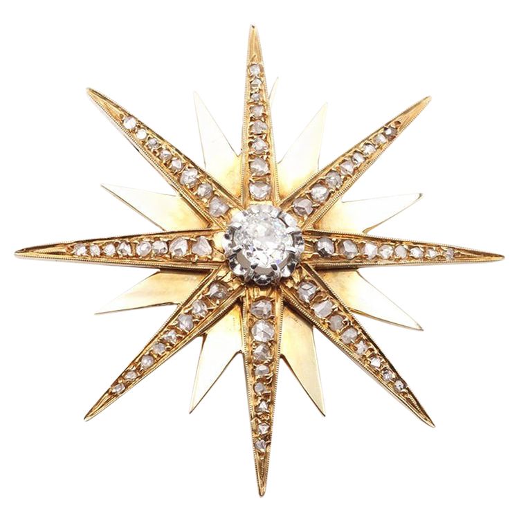 Grande spilla a forma di stella di Napoleone III in oro 18k, gioiello celeste, gioiello antico, diamanti taglio antico 