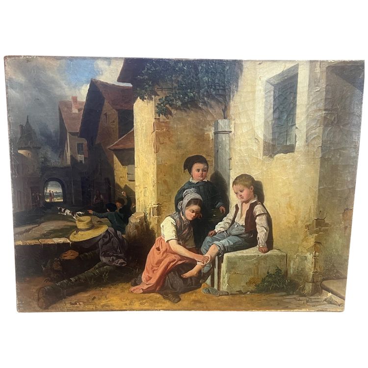 tableau XIX ème siècle Théophile DUVERGER 1821-1898 scène de genre enfants Bordeaux Ecouen huile 