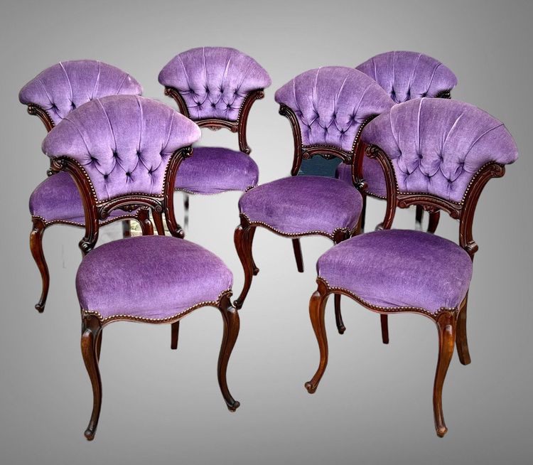 SET OF 6 MAHOGANY-TONE CABARET CHAIRS WITH FAN BACKS UPHOLSTERED IN VELVET