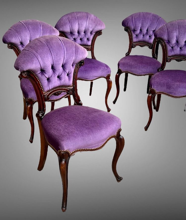 SET OF 6 MAHOGANY-TONE CABARET CHAIRS WITH FAN BACKS UPHOLSTERED IN VELVET
