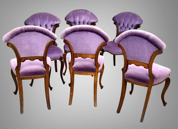 SET OF 6 MAHOGANY-TONE CABARET CHAIRS WITH FAN BACKS UPHOLSTERED IN VELVET