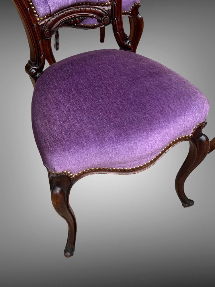 SET OF 6 MAHOGANY-TONE CABARET CHAIRS WITH FAN BACKS UPHOLSTERED IN VELVET