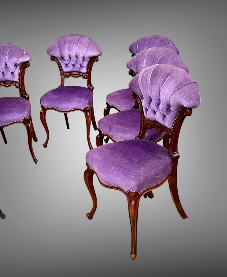 SET OF 6 MAHOGANY-TONE CABARET CHAIRS WITH FAN BACKS UPHOLSTERED IN VELVET