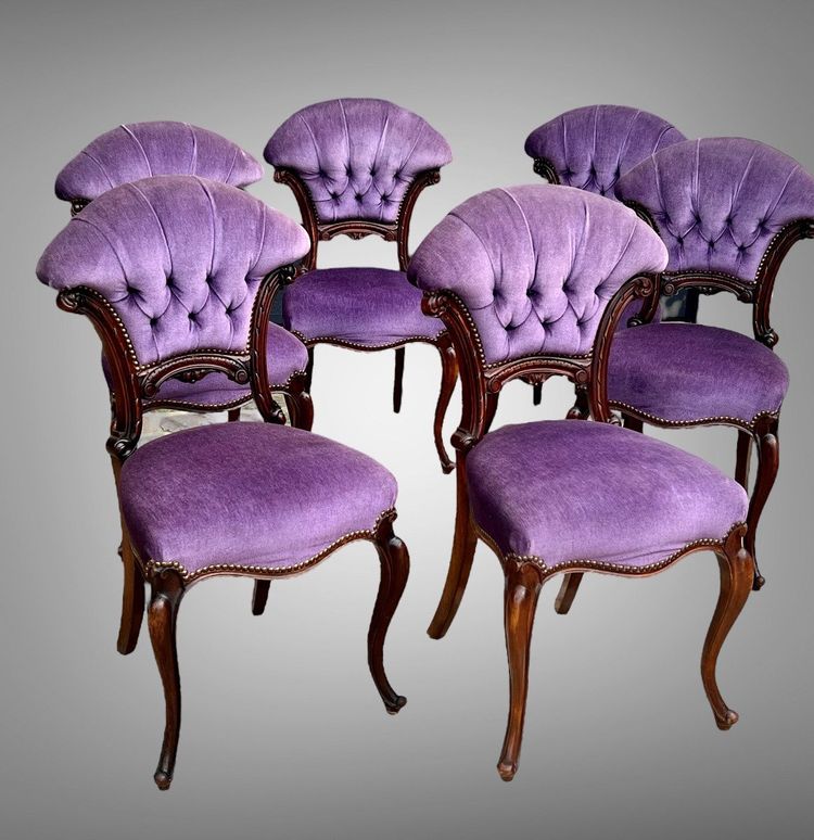 SET OF 6 MAHOGANY-TONE CABARET CHAIRS WITH FAN BACKS UPHOLSTERED IN VELVET