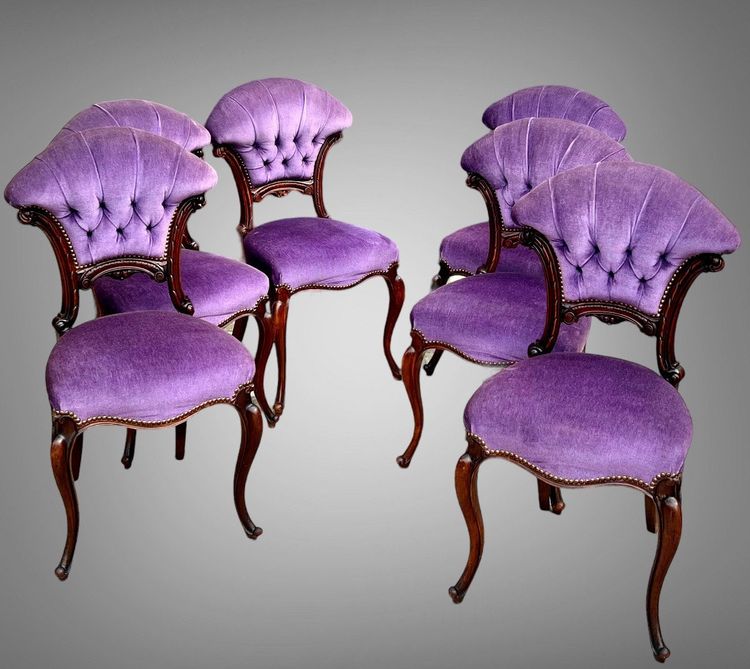 SET OF 6 MAHOGANY-TONE CABARET CHAIRS WITH FAN BACKS UPHOLSTERED IN VELVET