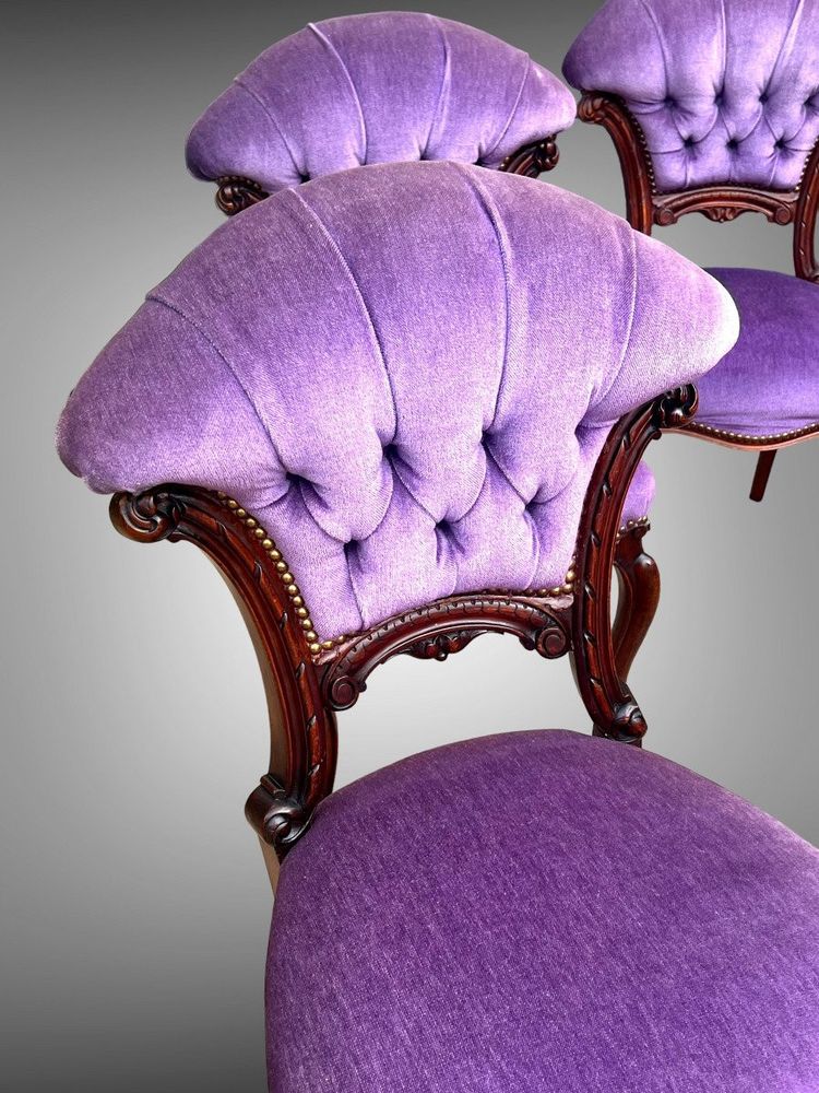 SET OF 6 MAHOGANY-TONE CABARET CHAIRS WITH FAN BACKS UPHOLSTERED IN VELVET