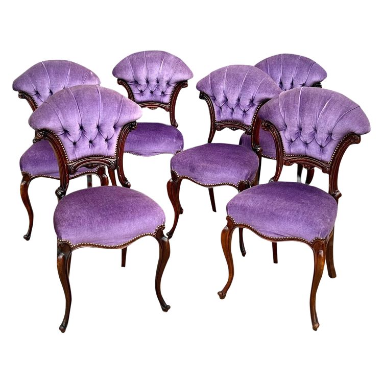SET OF 6 MAHOGANY-TONE CABARET CHAIRS WITH FAN BACKS UPHOLSTERED IN VELVET
