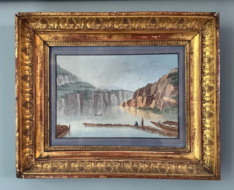 Paesaggio svizzero, riva del lago di A.-M. Almeras. Acquerello del XIX secolo.