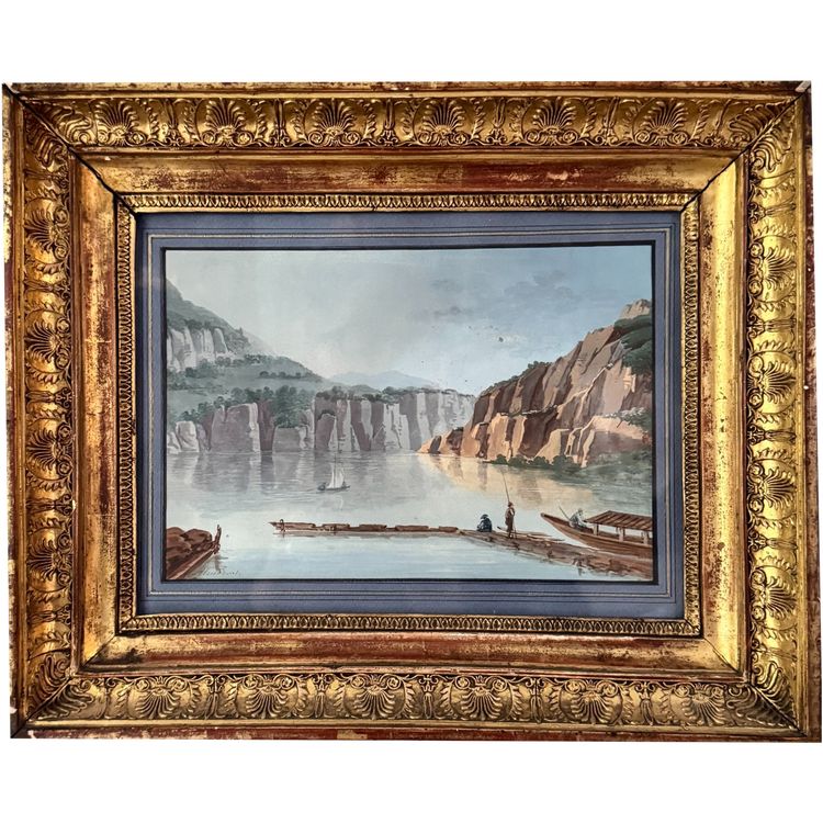 Paesaggio svizzero, riva del lago di A.-M. Almeras. Acquerello del XIX secolo.