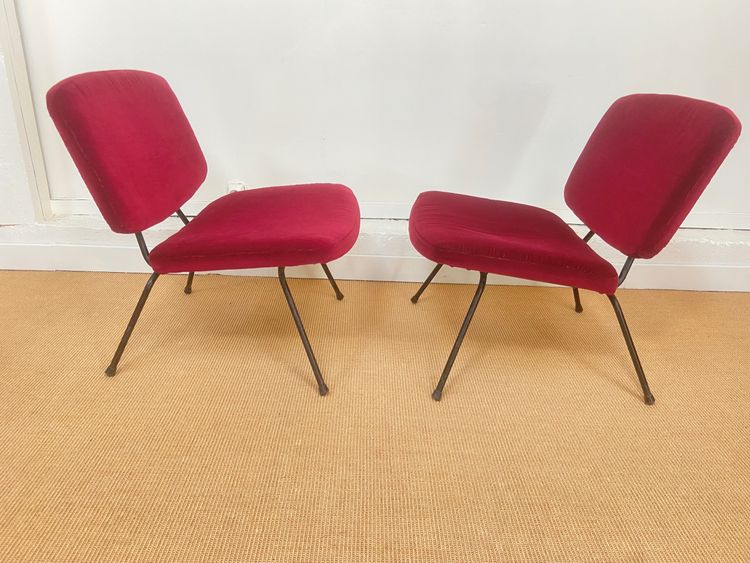 Pair of red velvet armchairs by Pierre Paulin for Thonet.