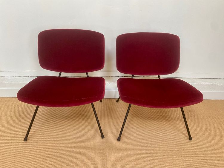 Pair of red velvet armchairs by Pierre Paulin for Thonet.