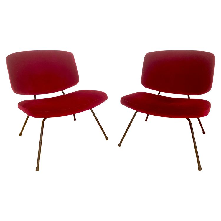 Pair of red velvet armchairs by Pierre Paulin for Thonet.