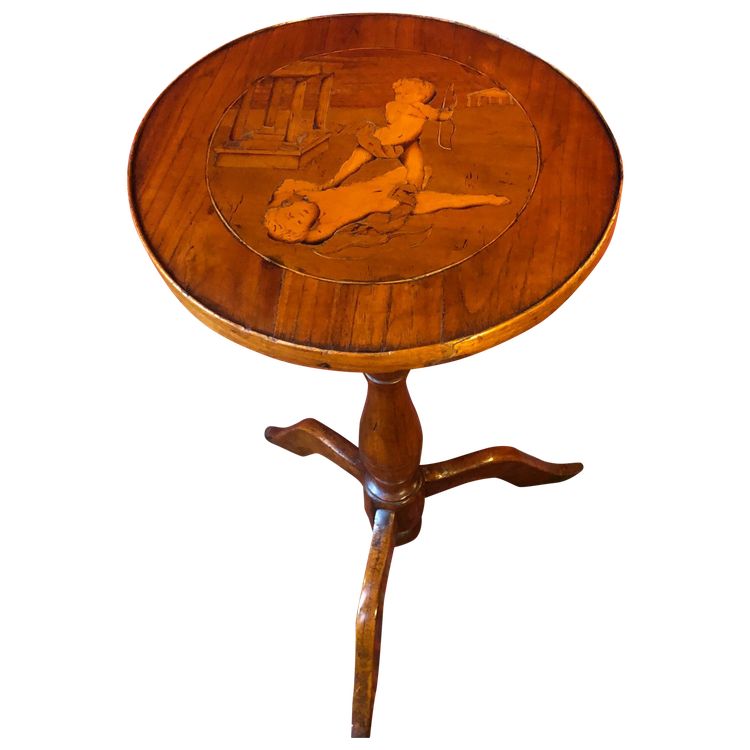 Marquetry pedestal table with putti, late 19th century
