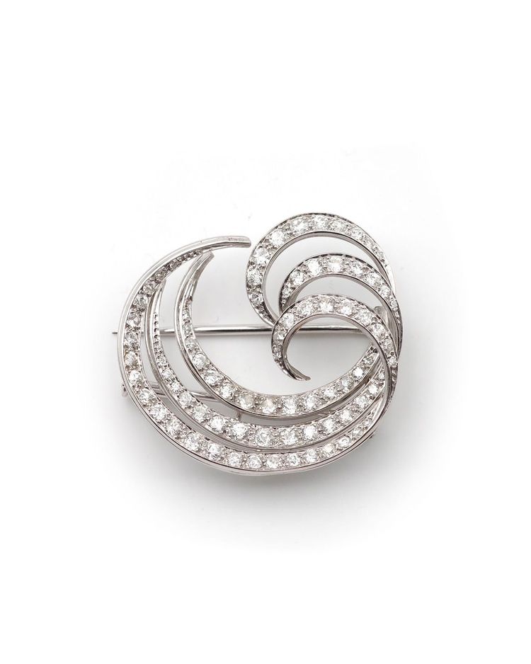 Spilla a forma di voluta di diamanti in platino e oro 18k, spilla a forma di onda, spilla a forma di piuma, moderna, tardo Art Déco