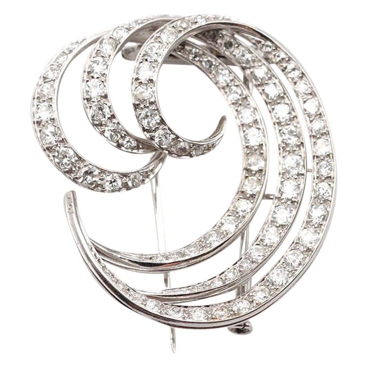 Spilla a forma di voluta di diamanti in platino e oro 18k, spilla a forma di onda, spilla a forma di piuma, moderna, tardo Art Déco