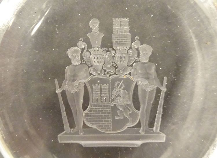 Engraved Crystal Paperweight Coat of Arms Welczeck Family Crest Silesia 19th Century