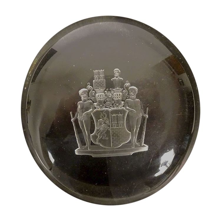 Engraved Crystal Paperweight Coat of Arms Welczeck Family Crest Silesia 19th Century
