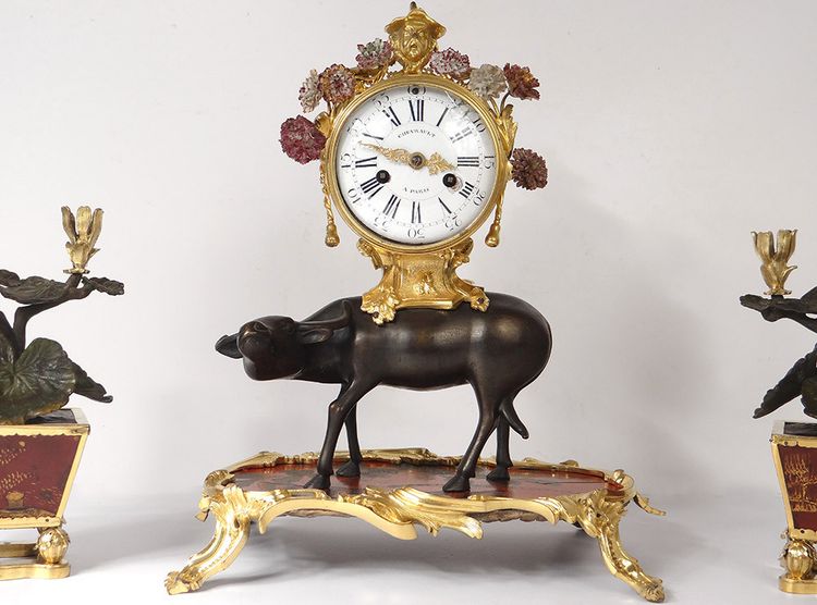 Louis XV Buffalo Clock Gilt Bronze Lacquered Wood Chinese Candelabra 18th Century