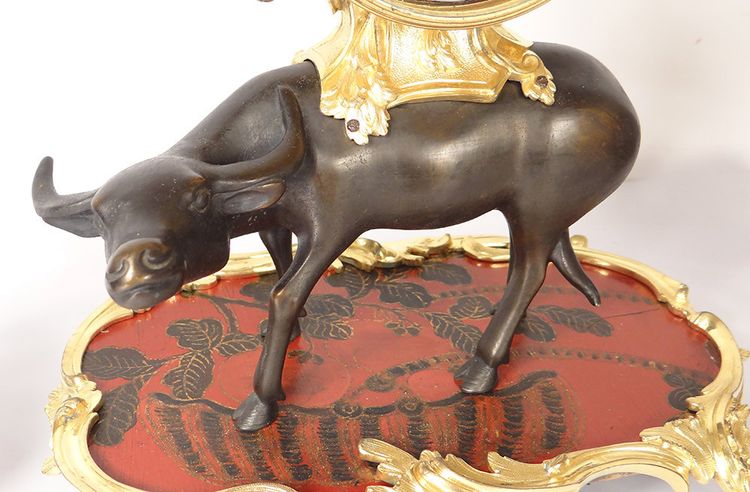Louis XV Buffalo Clock Gilt Bronze Lacquered Wood Chinese Candelabra 18th Century