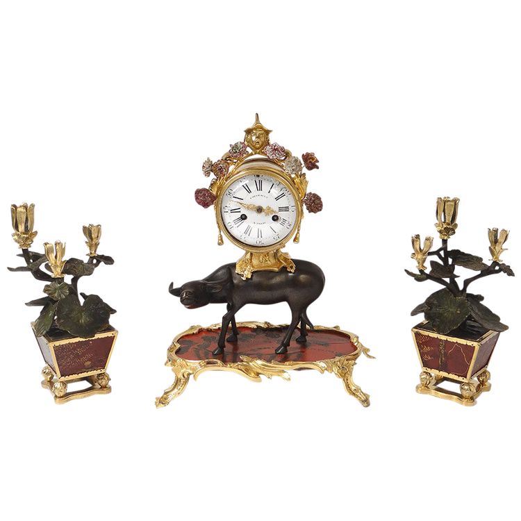 Louis XV Buffalo Clock Gilt Bronze Lacquered Wood Chinese Candelabra 18th Century