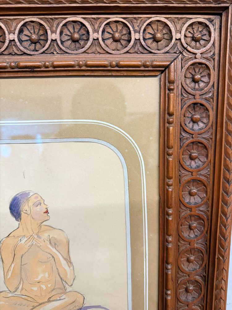 Acquerello firmato Ghuke in cornice noce intagliata arte moderna, 57x44 cm. Ottimo stato